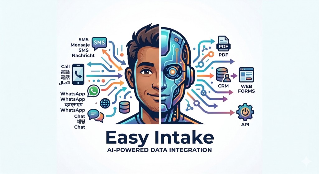 Easy Intake: AI-powered data integration — SMS, Call, WhatsApp, Chat → PDF, CRM, API